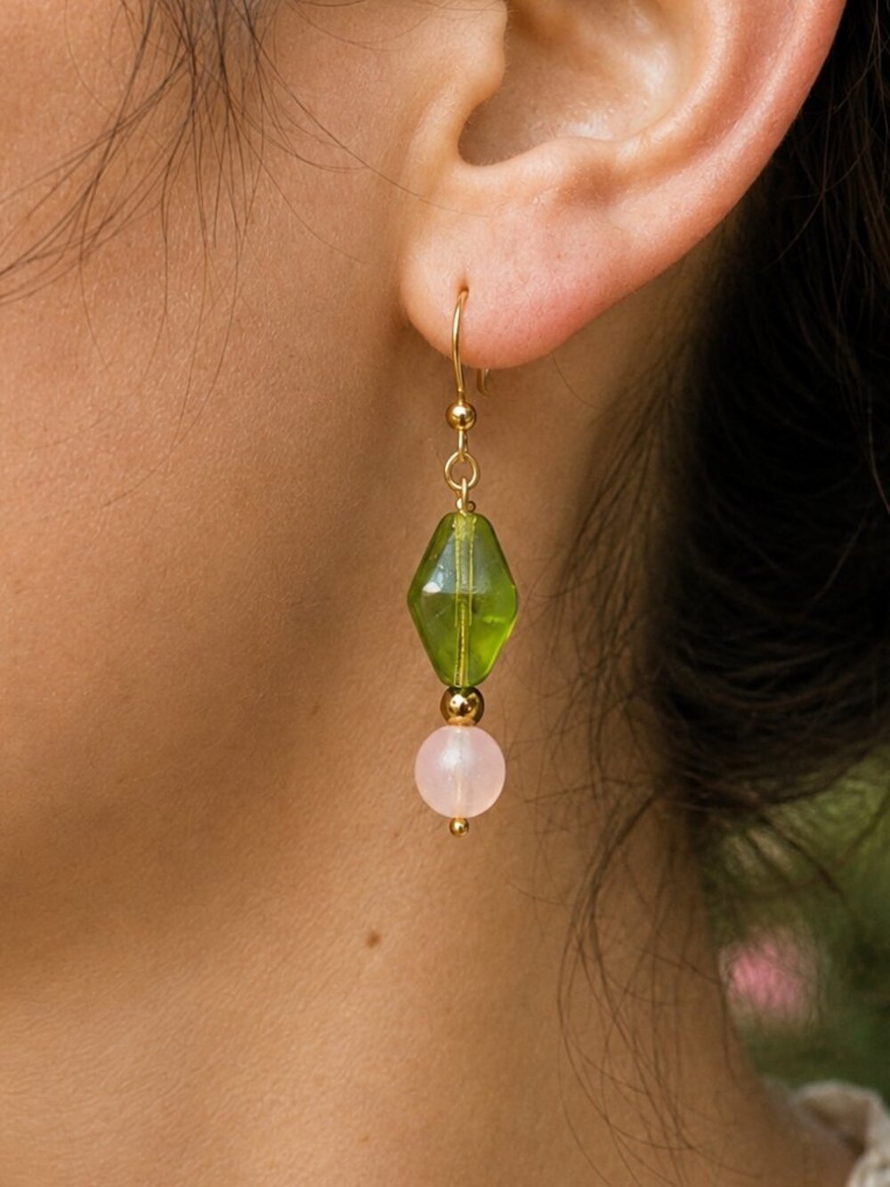 Green & Pink Glass Dangle Earrings, Cottagecore Gold Drops